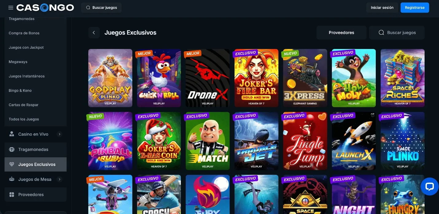 Catálogo de juegos y proveedores de Casongo casino