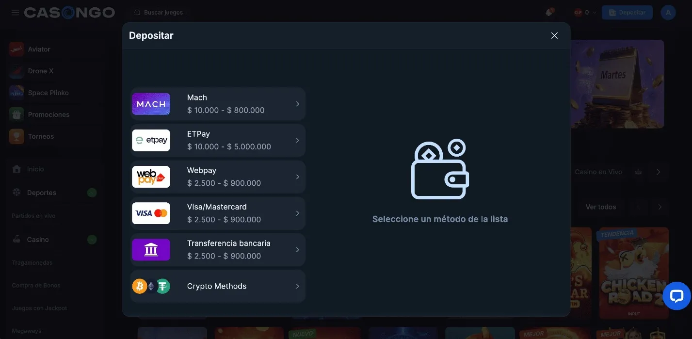 Métodos de pago de Casongo casino