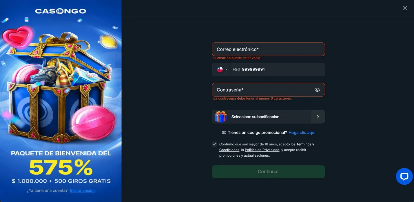 Formulario de registro de Casongo casino
