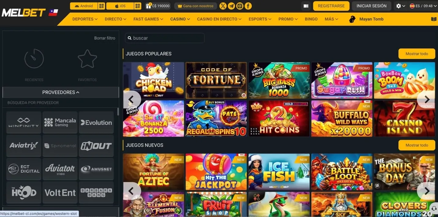 Catálogo de juegos y proveedores de MelBet casino