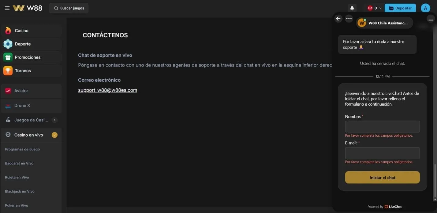 Canales de atención al cliente de W88 casino