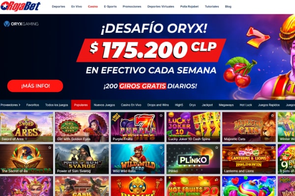 Sección de juegos en Rojabet